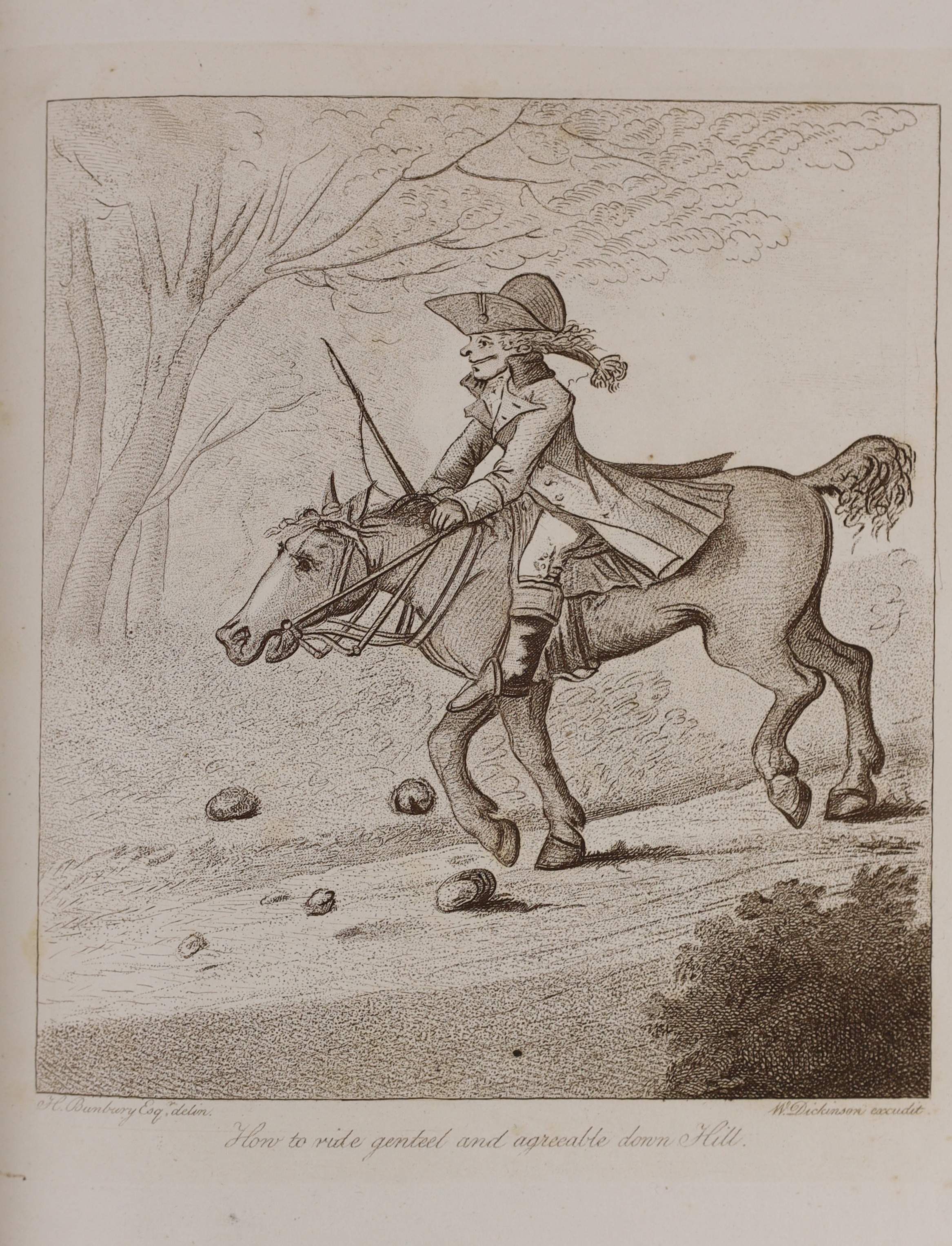 Bunbury, Henry W, - An Academy for Grown Horseman, 4th edition, illustrated by Thomas Rowlandson, with 14 uncoloured plates, bound with Annals of Horsemanship, with uncoloured 15 plates, 2 vols in 1, 4to, grained red mor